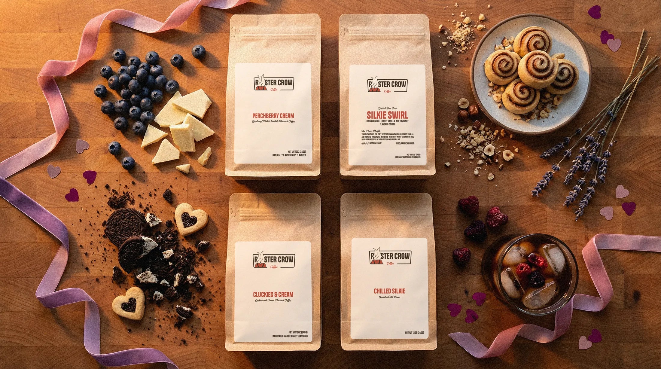 Valentine’s Day coffee banner featuring four small-batch Rooster Crow Coffee roasts, including festive and limited-edition seasonal brews