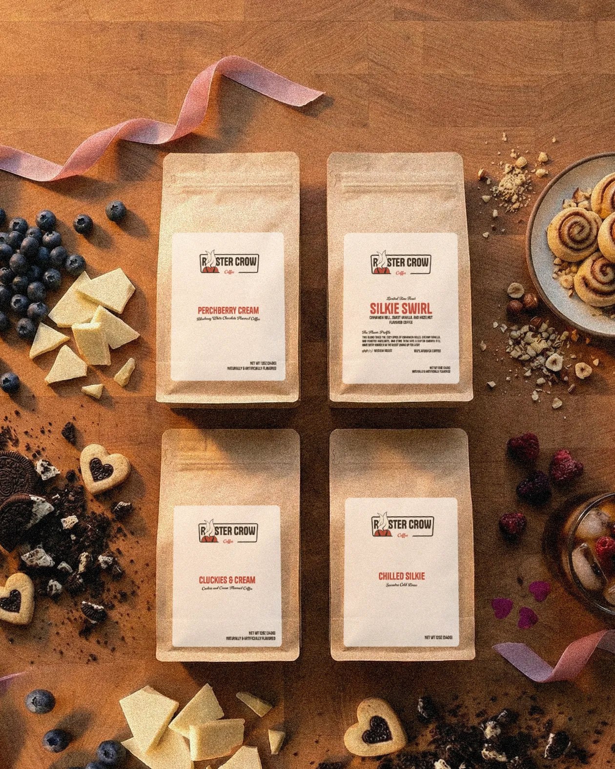 Valentine’s Day coffee banner featuring four small-batch Rooster Crow Coffee roasts, including festive and limited-edition seasonal brews